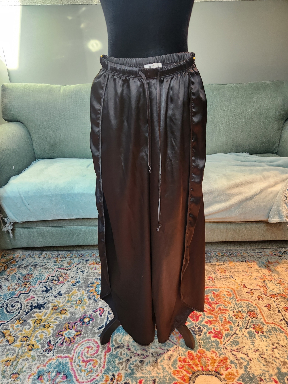 BB Dakota Black Satin Wide-Leg Pants W Dramatic Side Slits Medium #genie Good!